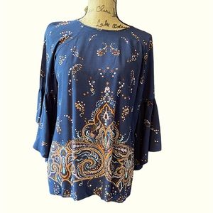 Dr2 Small Navy Paisley Boho Top with Bell Sleeves